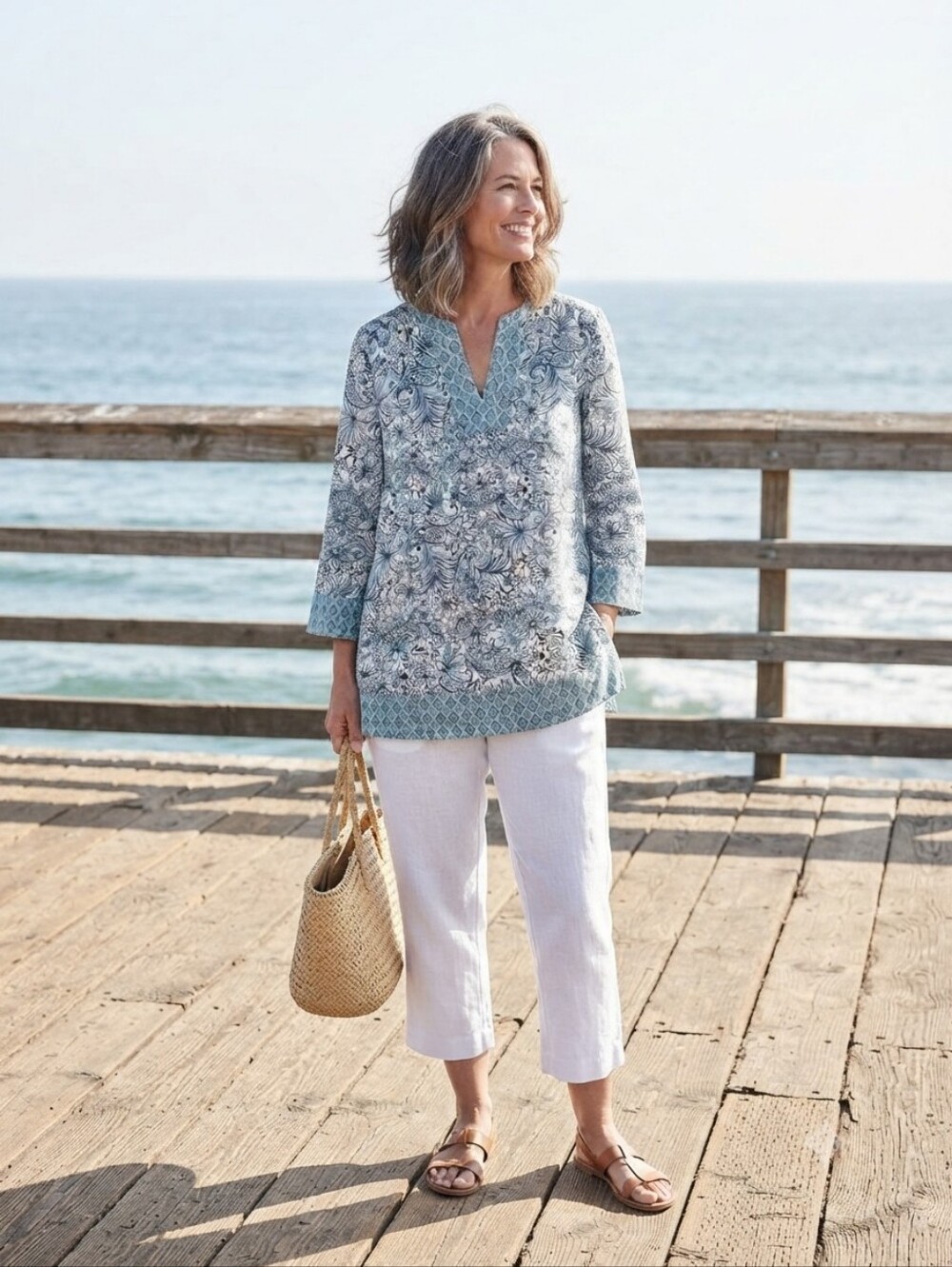 Sigrid Olsen 100% Linen Blue White Paisley Floral Tunic Top Size S  Coastal Boho